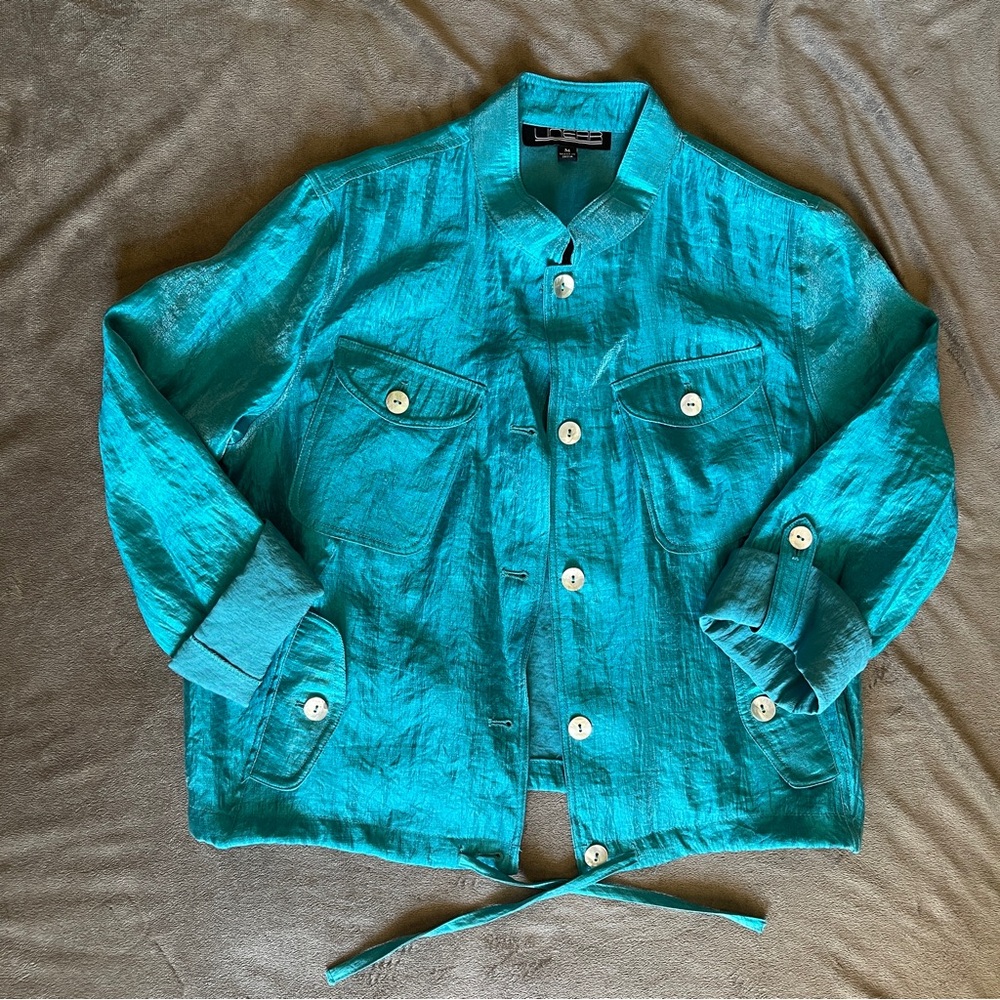 Women’s Teal Linear Shirt Jacket with Button Front
